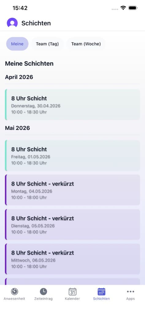 FourTimes App – Schichtplan-Ansicht